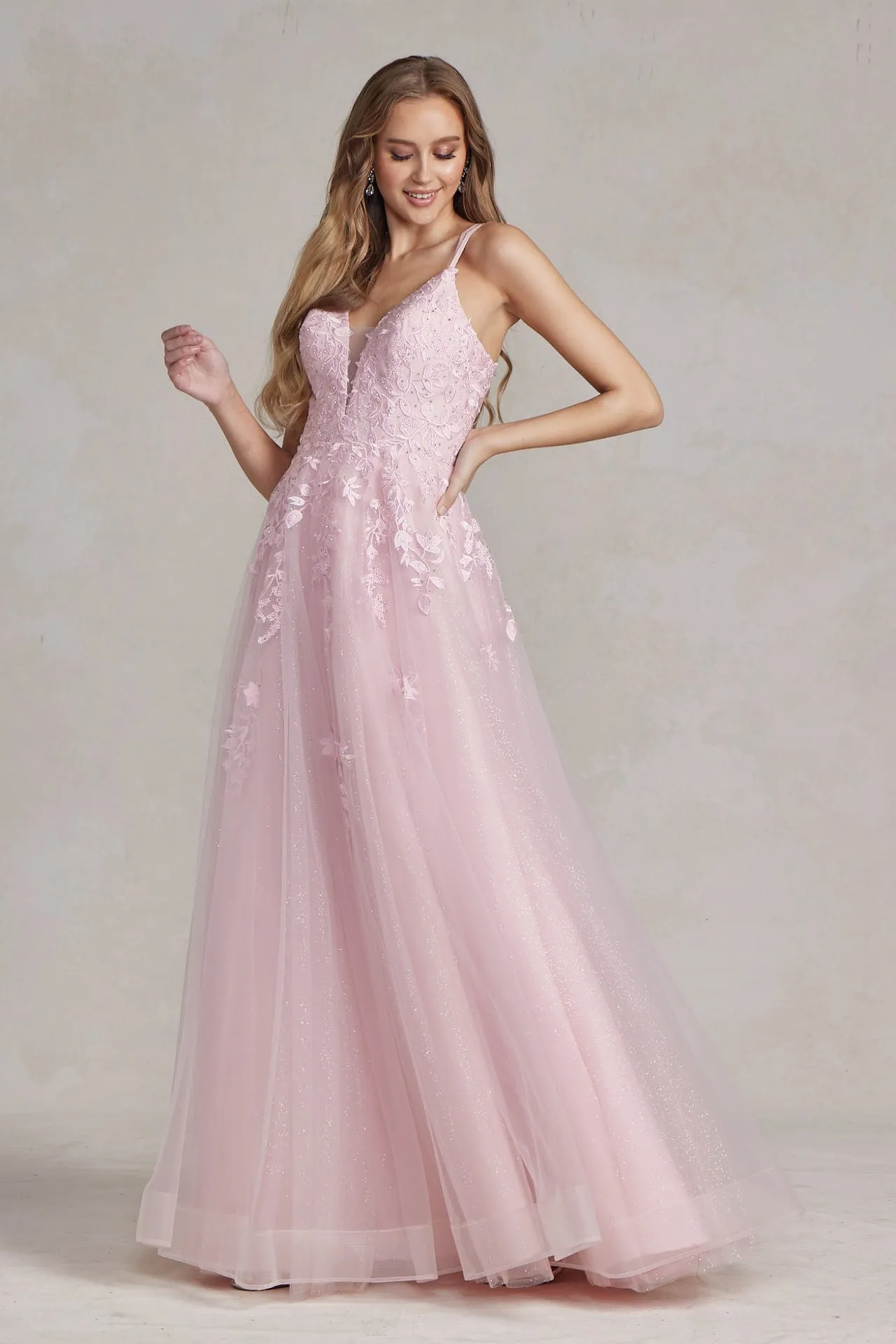 Illusion V-Neck Embroidered Lace Straps Open Back Long Dress