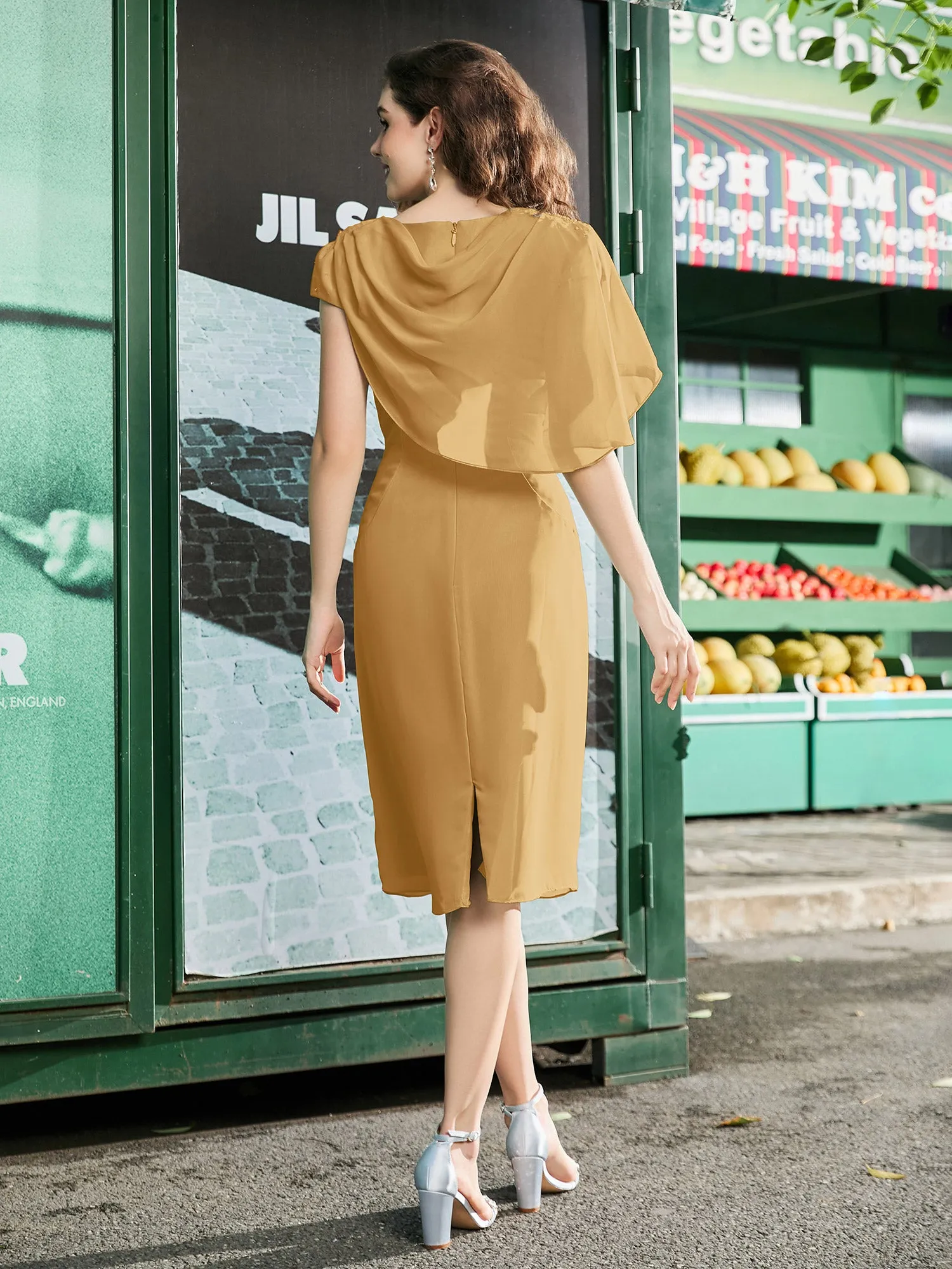 Jewel Cap Sleeve Chiffon Sheath Dress Gold