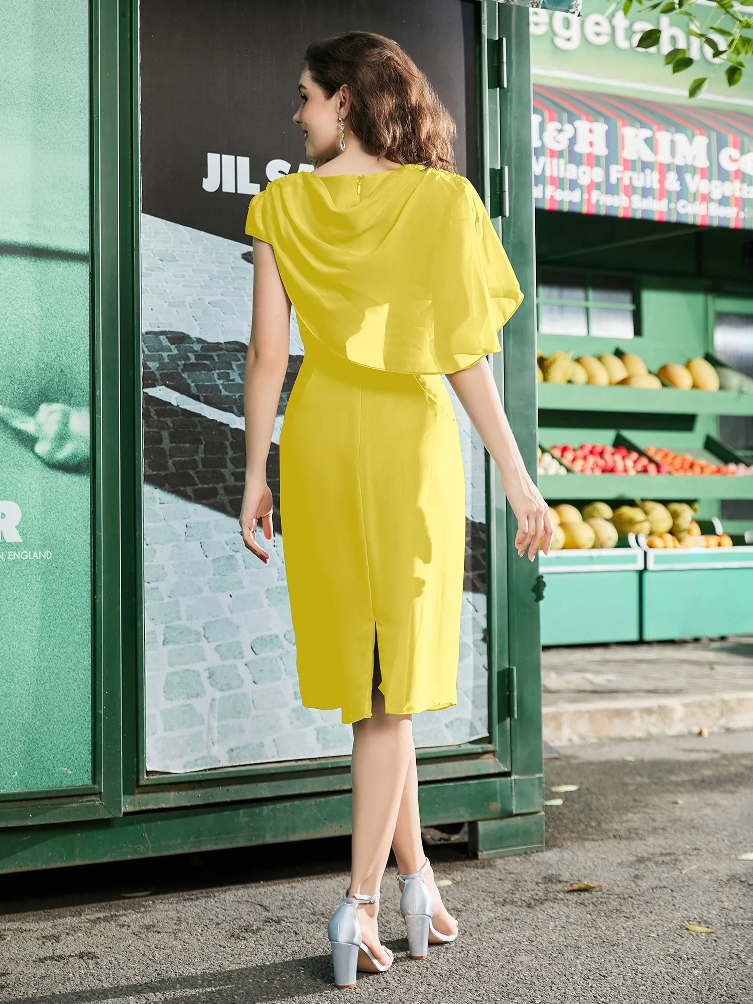 Jewel Cap Sleeve Chiffon Sheath Dress Lemon