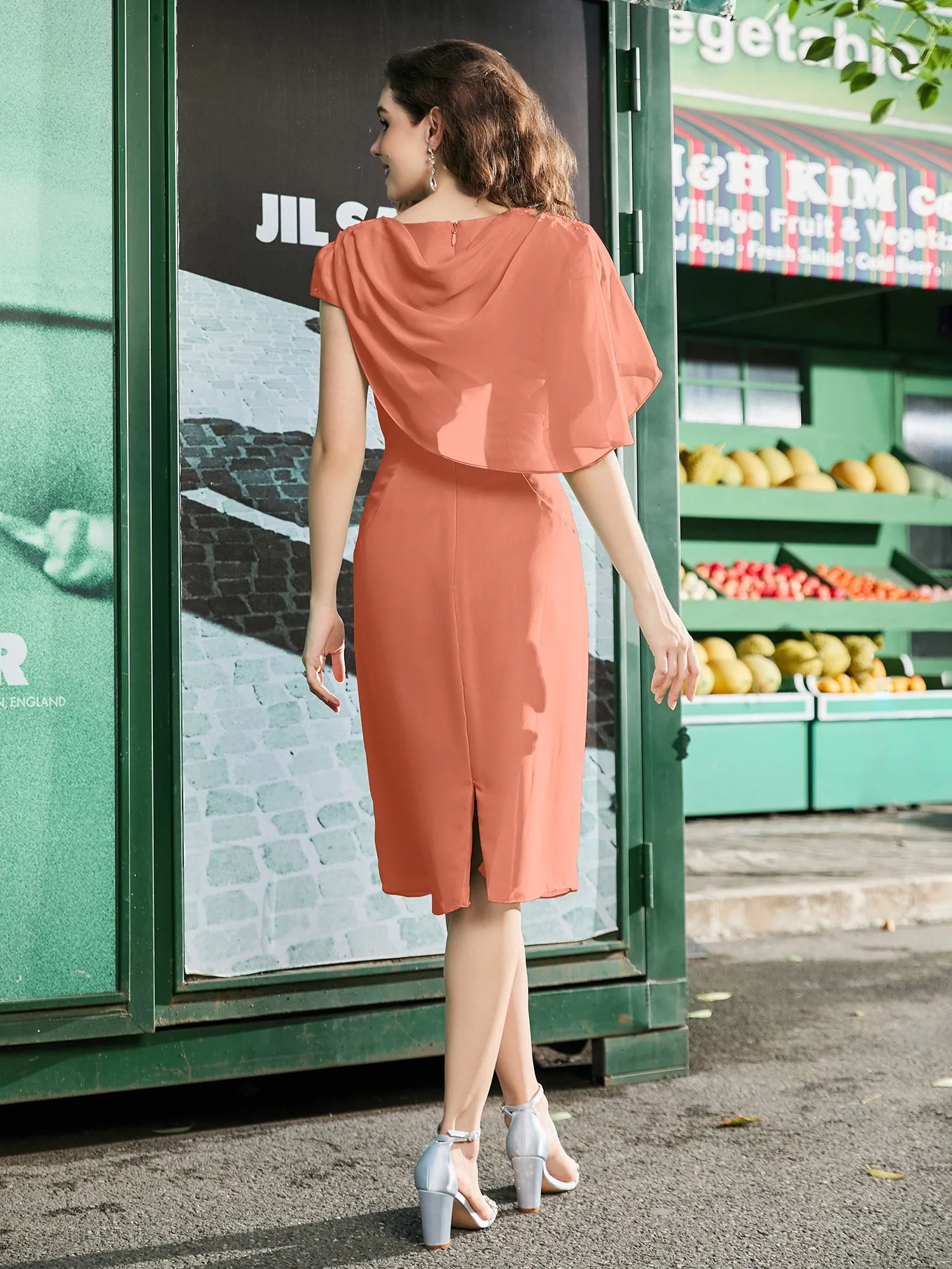Jewel Cap Sleeve Chiffon Sheath Dress Papaya