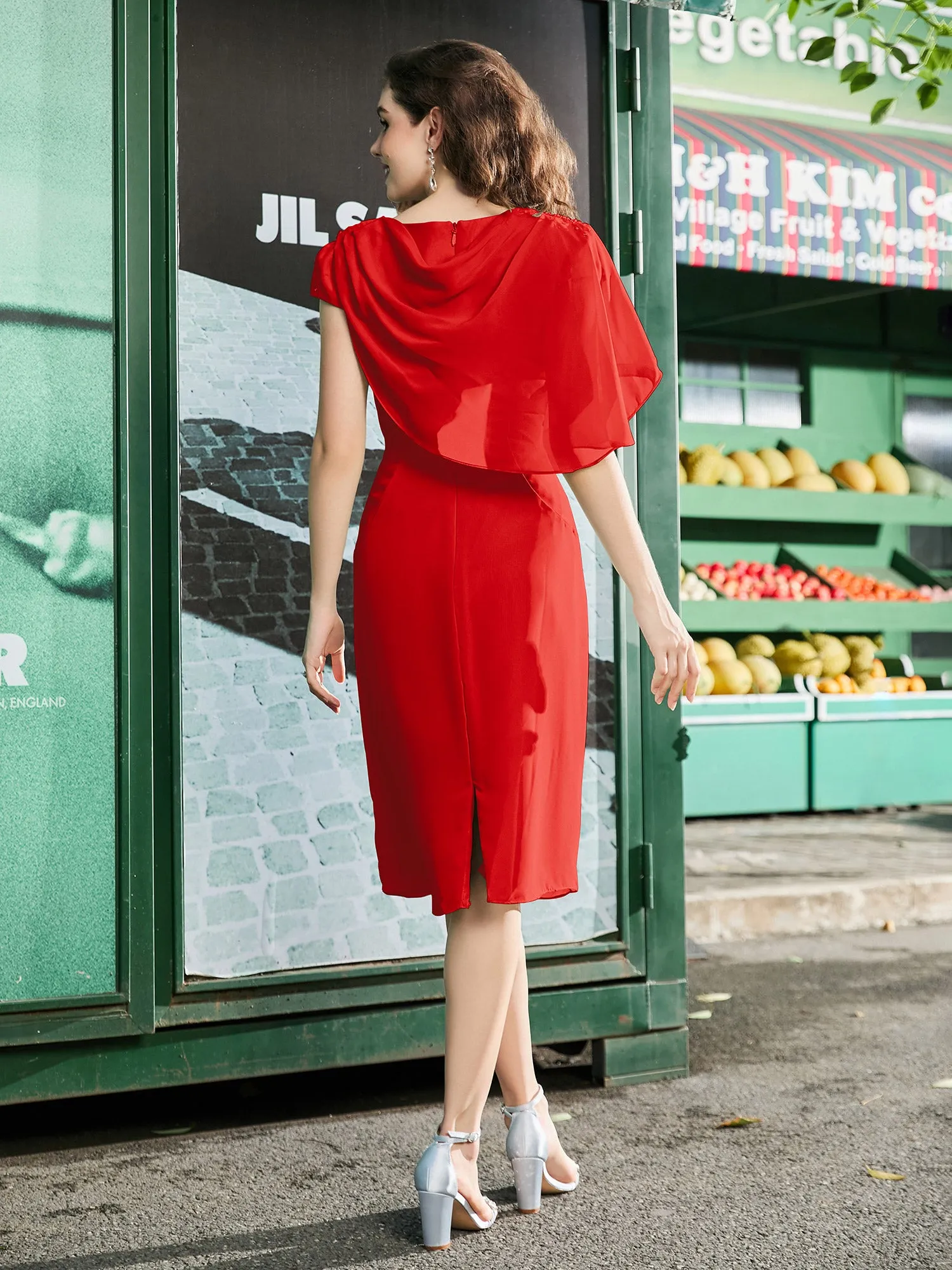 Jewel Cap Sleeve Chiffon Sheath Dress Red