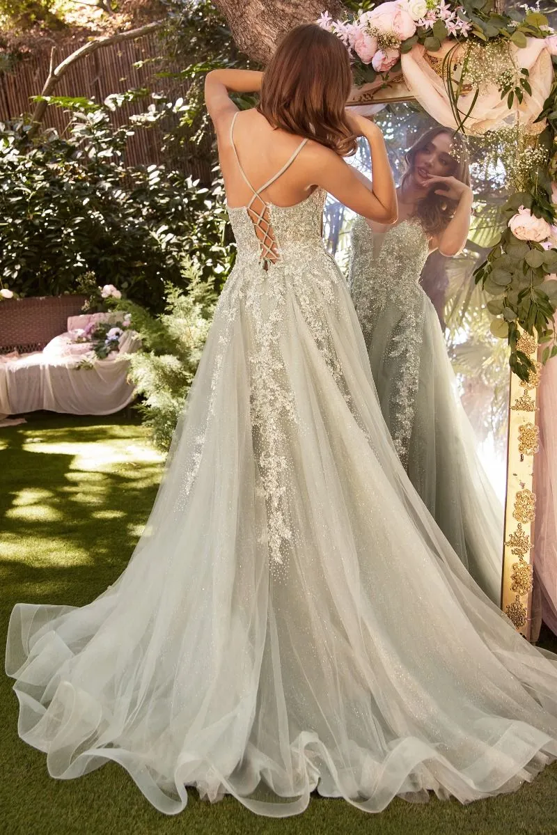 LACE EMBELLISHED A-LINE LAYERED TULLE GOWN CDA1261