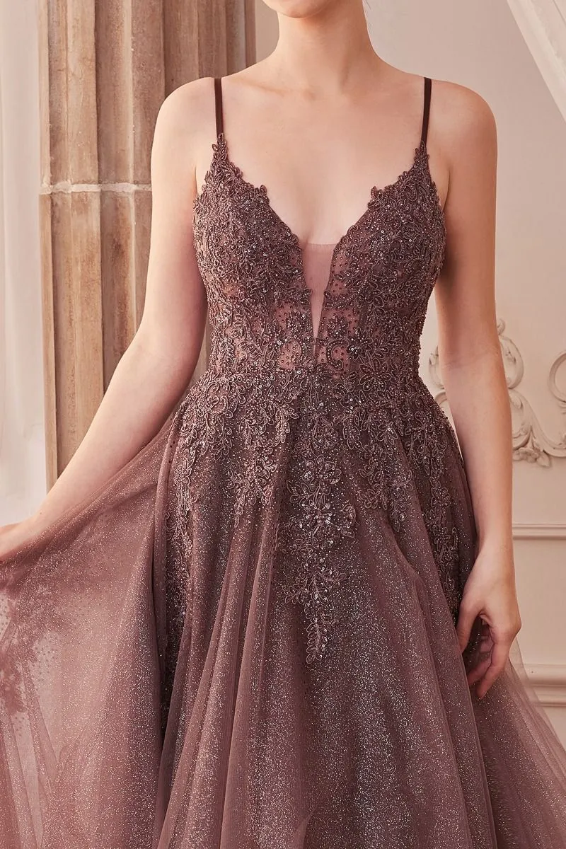 LACE EMBELLISHED A-LINE LAYERED TULLE GOWN CDA1261