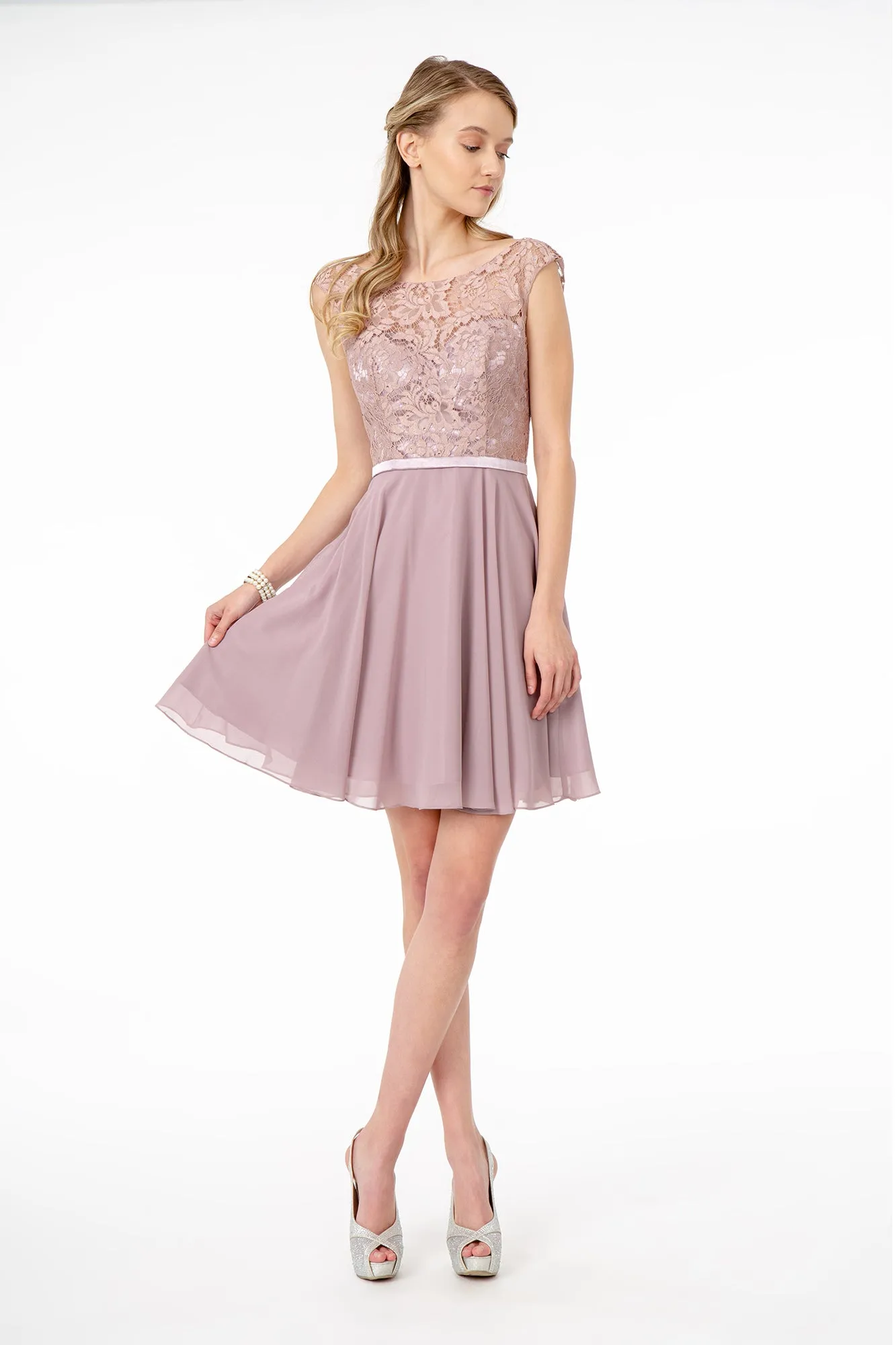 Lace Embellished Bodice Chiffon Short Dress GLGS2807