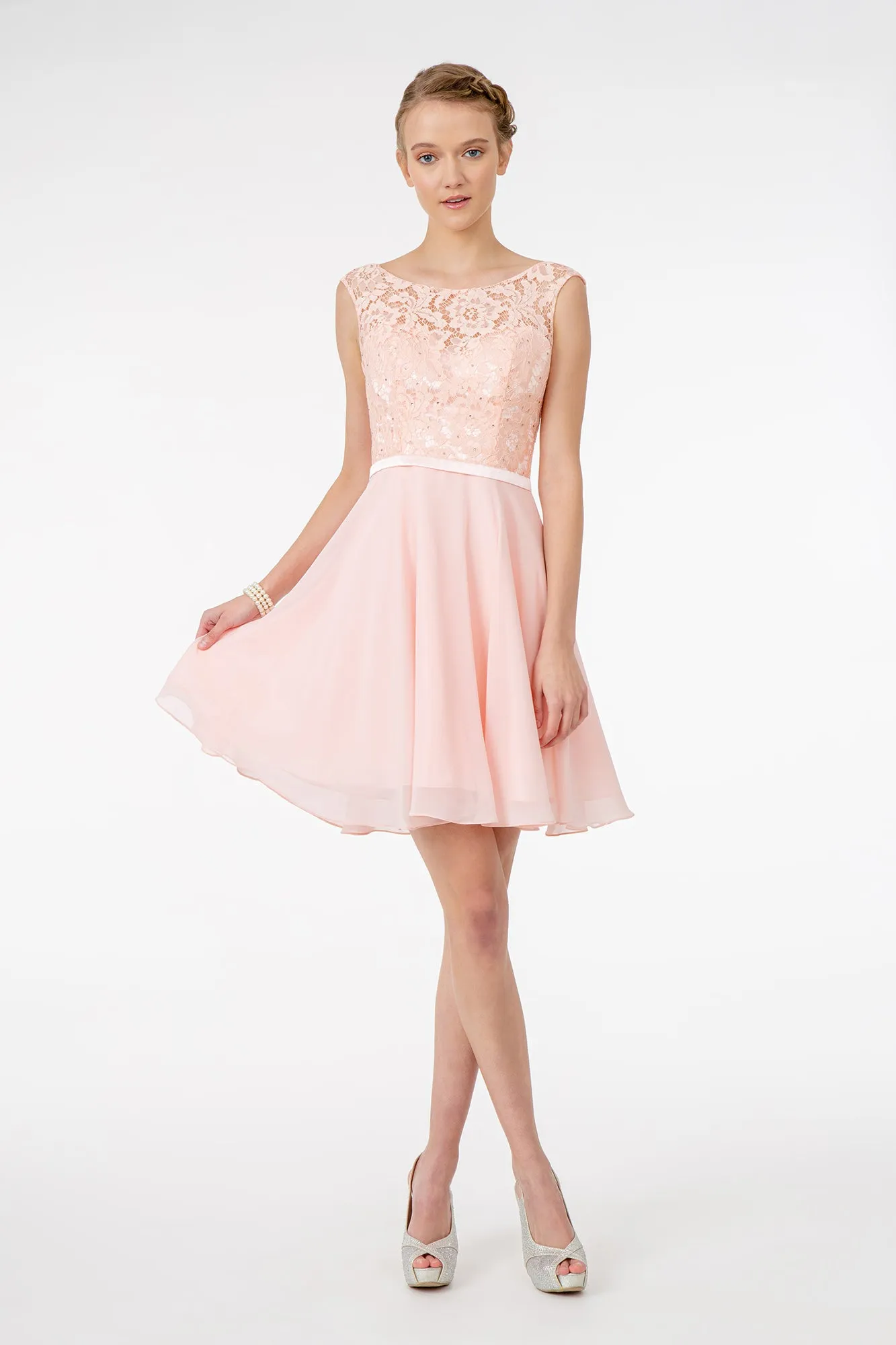 Lace Embellished Bodice Chiffon Short Dress GLGS2807
