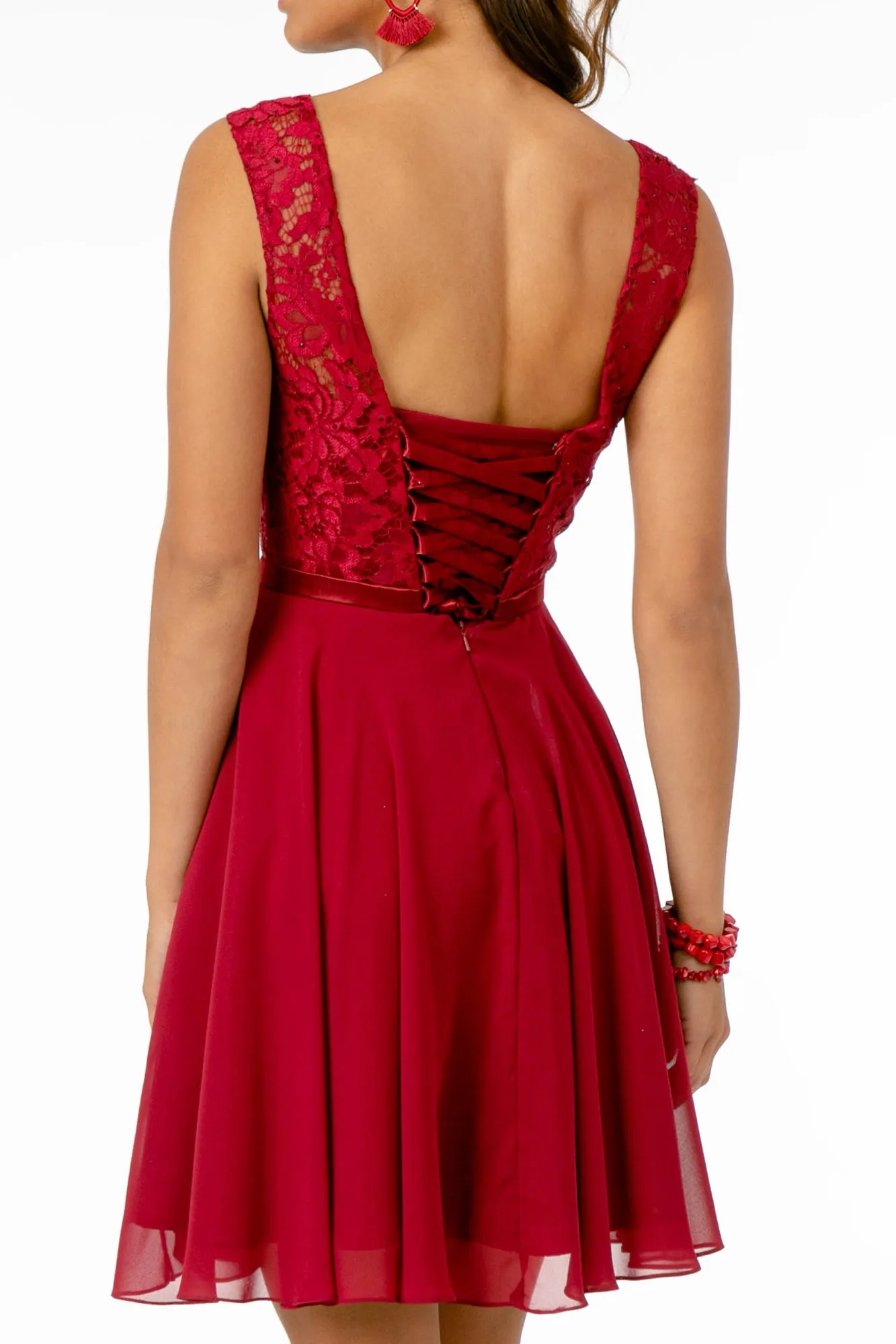 Lace Embellished Bodice Chiffon Short Dress GLGS2807