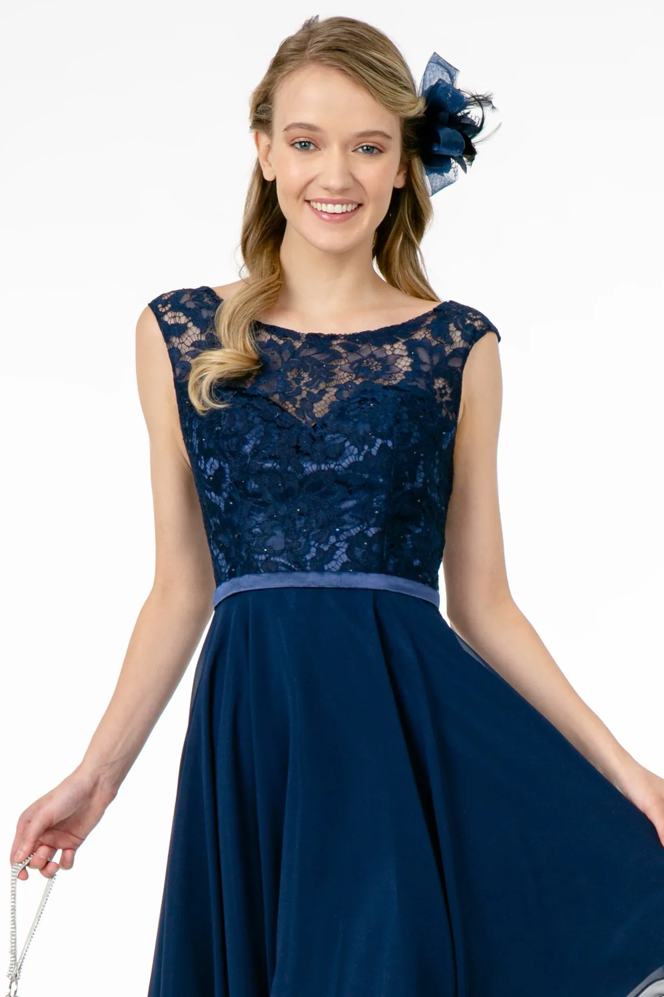 Lace Embellished Bodice Chiffon Short Dress GLGS2807