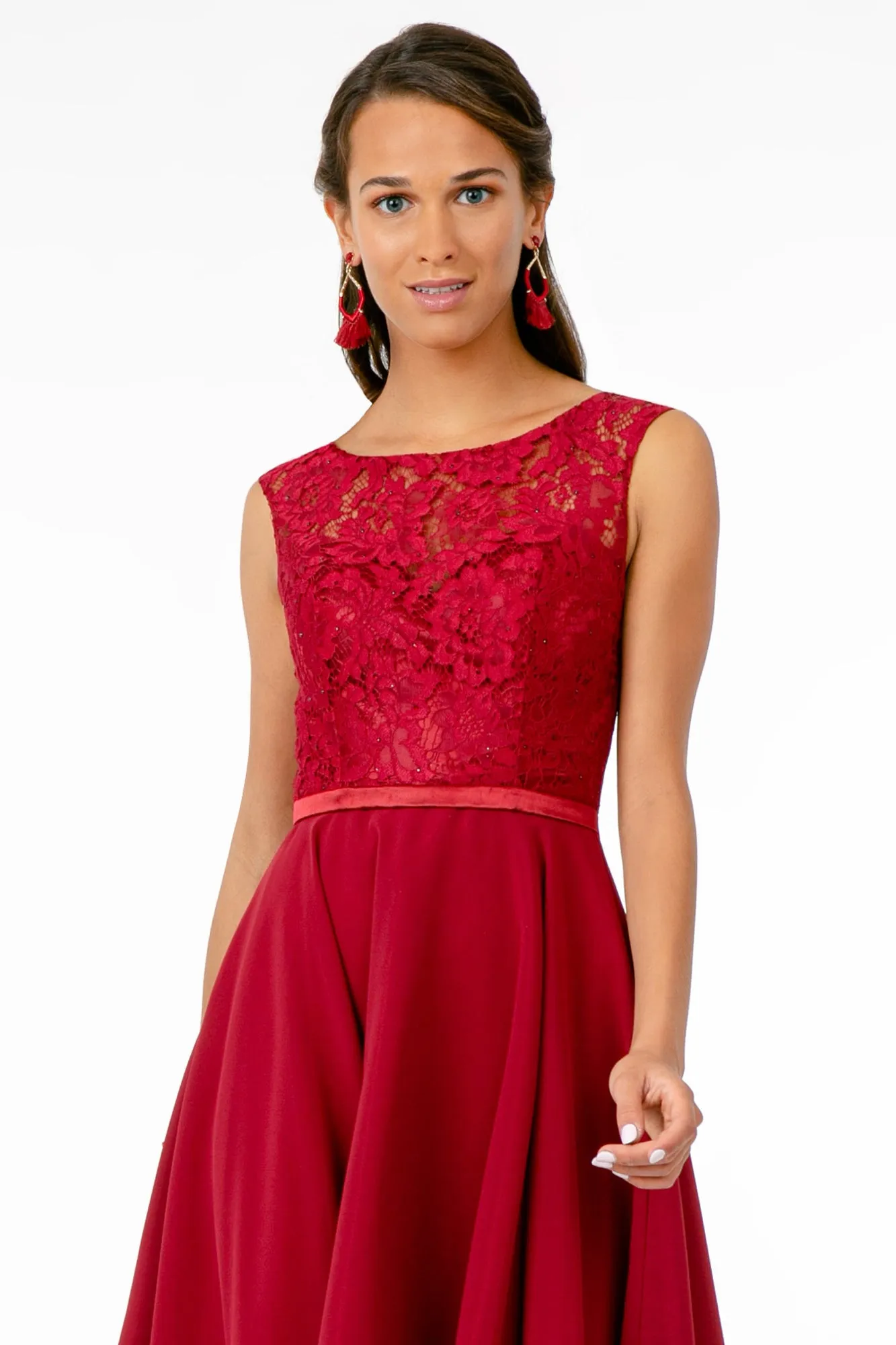 Lace Embellished Bodice Chiffon Short Dress GLGS2807