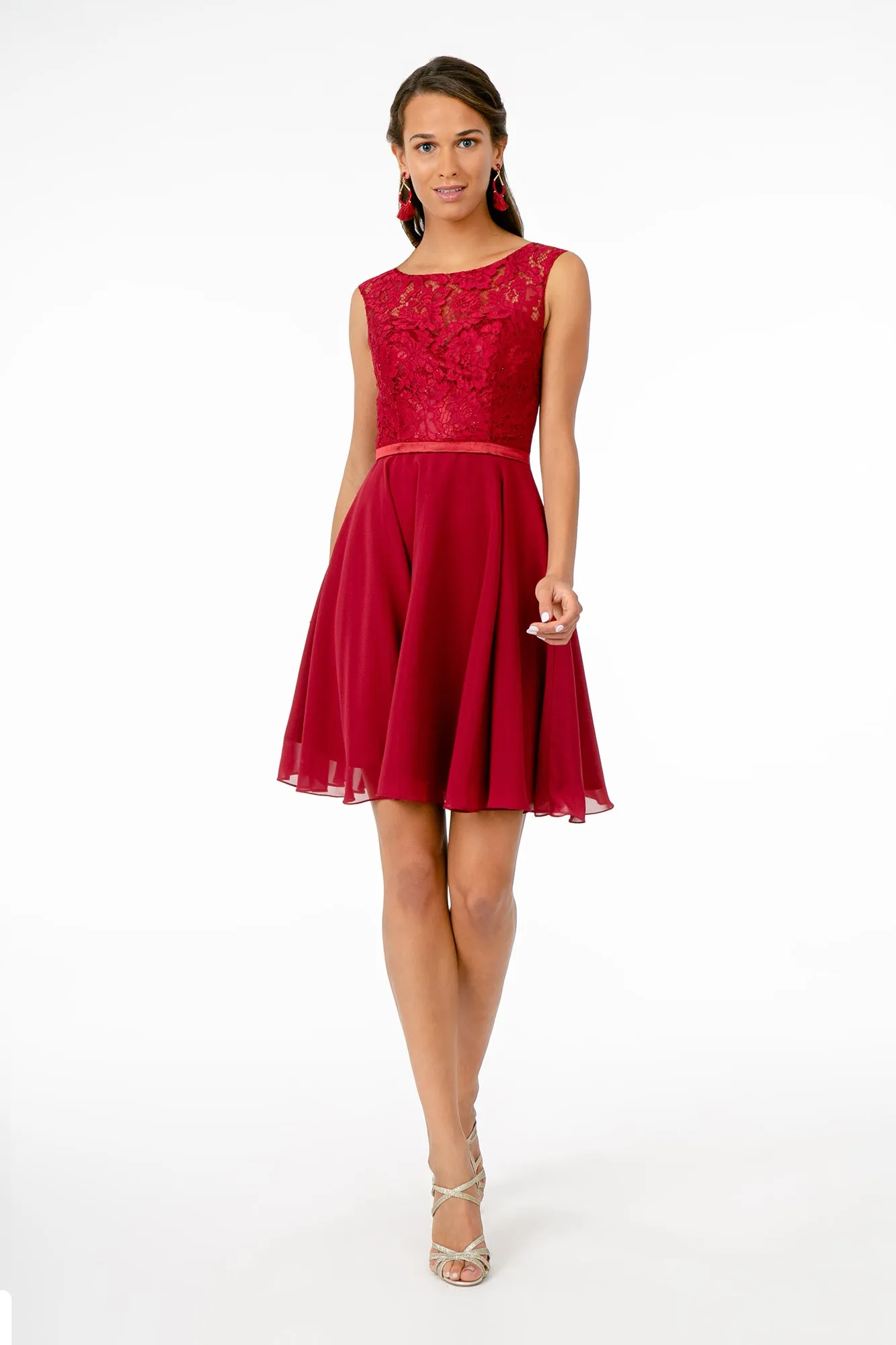 Lace Embellished Bodice Chiffon Short Dress GLGS2807