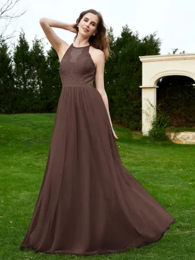 Lace Tulle Bridesmaid Gown Halter Neckline Chocolate Plus Size