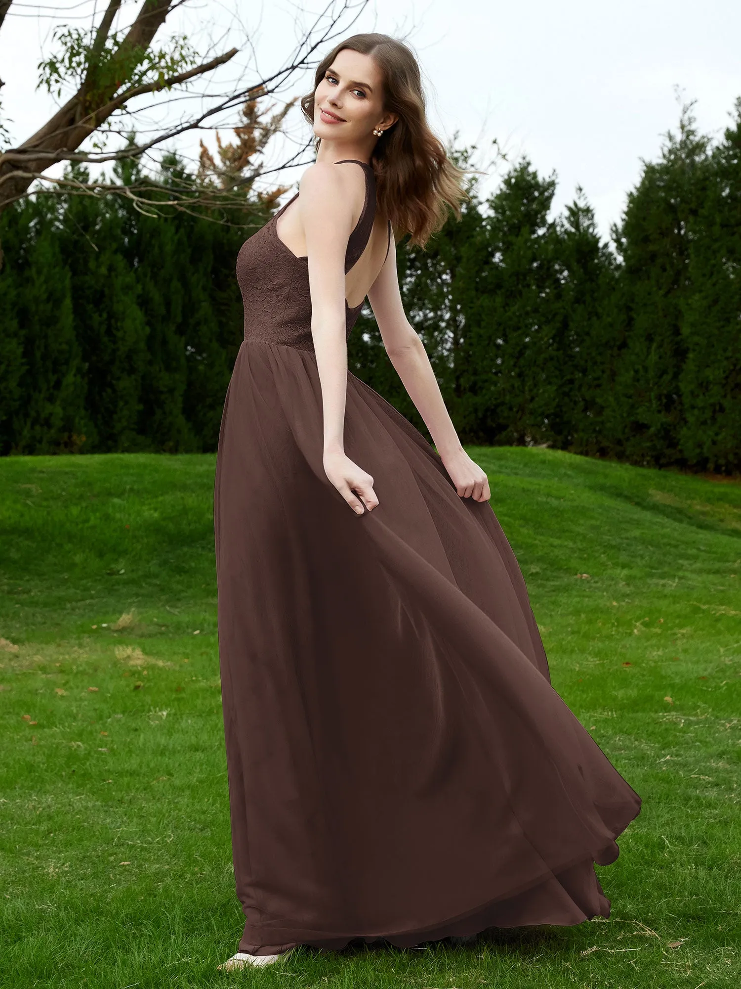 Lace Tulle Bridesmaid Gown Halter Neckline Chocolate Plus Size