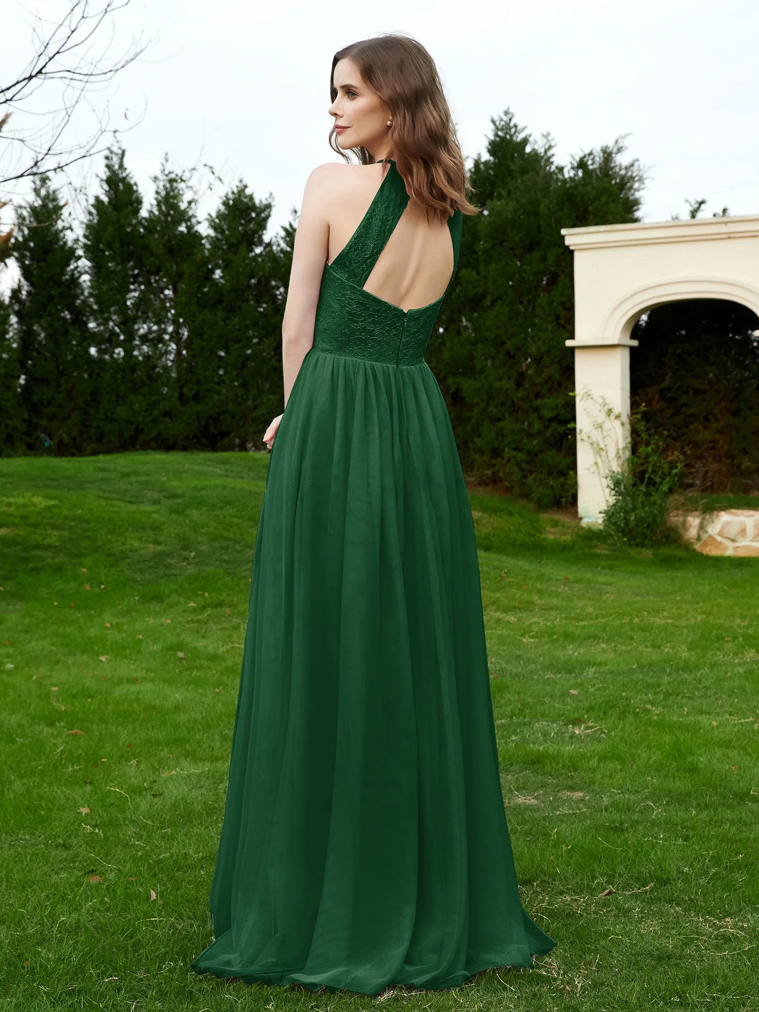 Lace Tulle Bridesmaid Gown Halter Neckline Dark Green