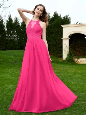 Lace Tulle Bridesmaid Gown Halter Neckline Fuchsia Plus Size