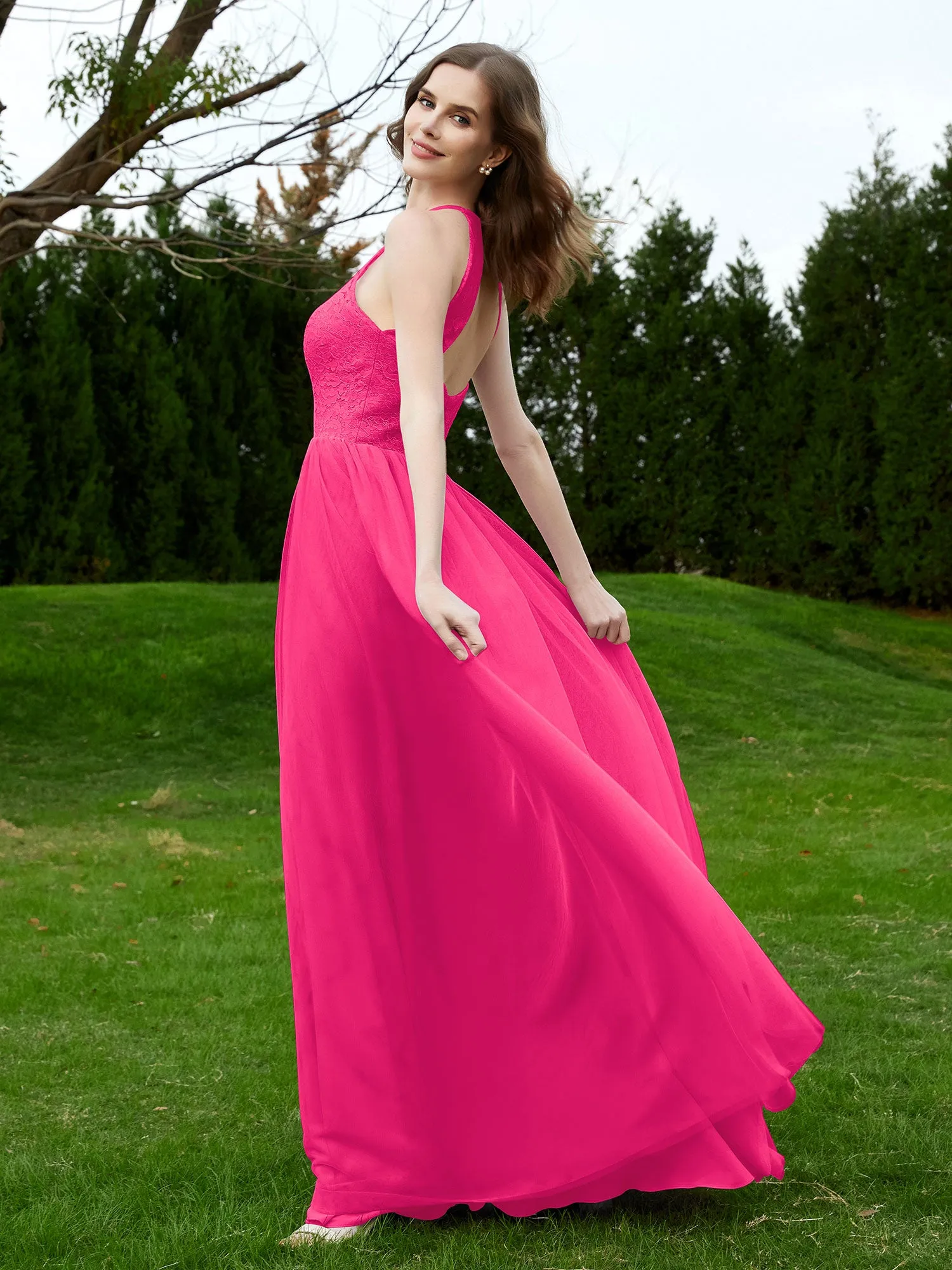 Lace Tulle Bridesmaid Gown Halter Neckline Fuchsia Plus Size