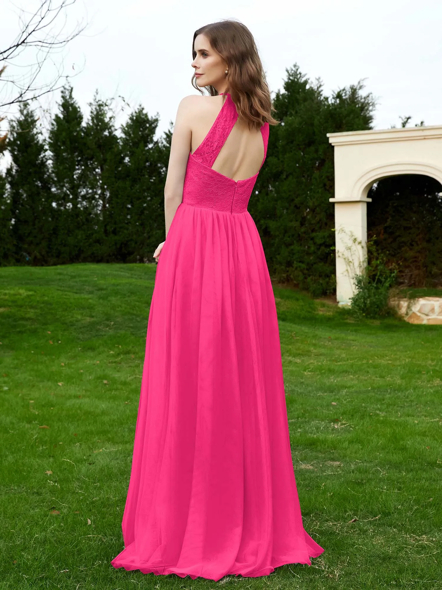 Lace Tulle Bridesmaid Gown Halter Neckline Fuchsia Plus Size