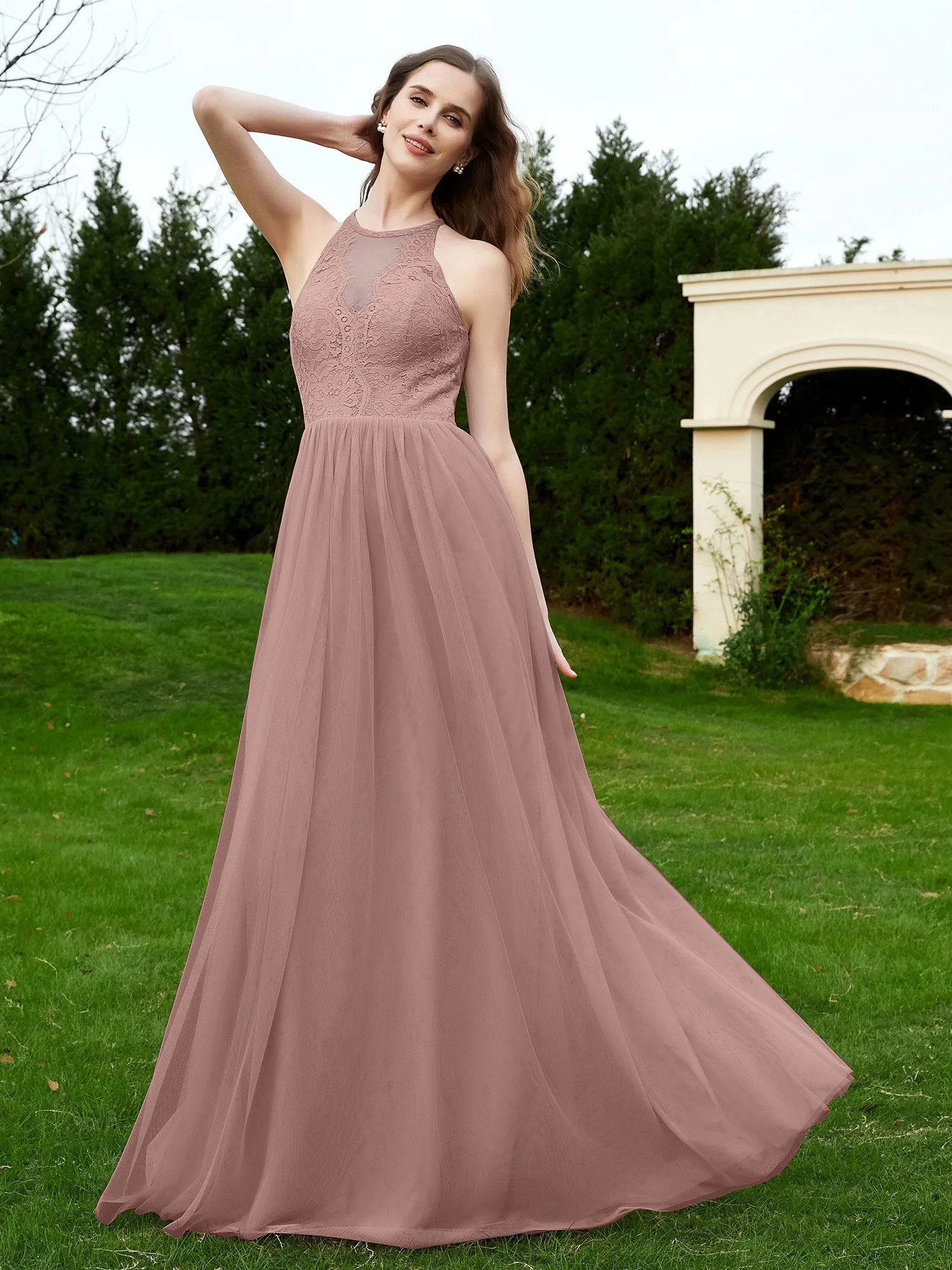 Lace Tulle Bridesmaid Gown Halter Neckline Vintage Mauve Plus Size