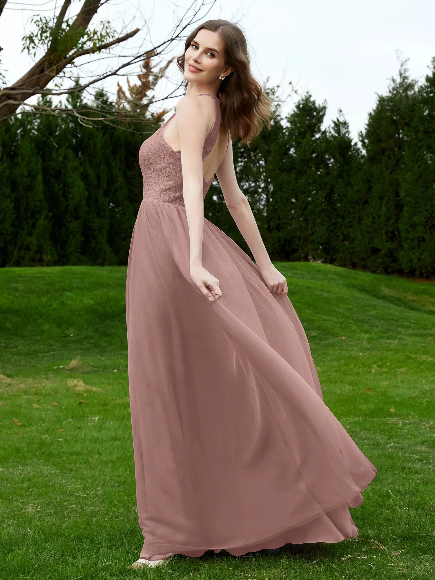 Lace Tulle Bridesmaid Gown Halter Neckline Vintage Mauve Plus Size