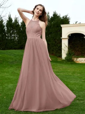 Lace Tulle Bridesmaid Gown Halter Neckline Vintage Mauve Plus Size