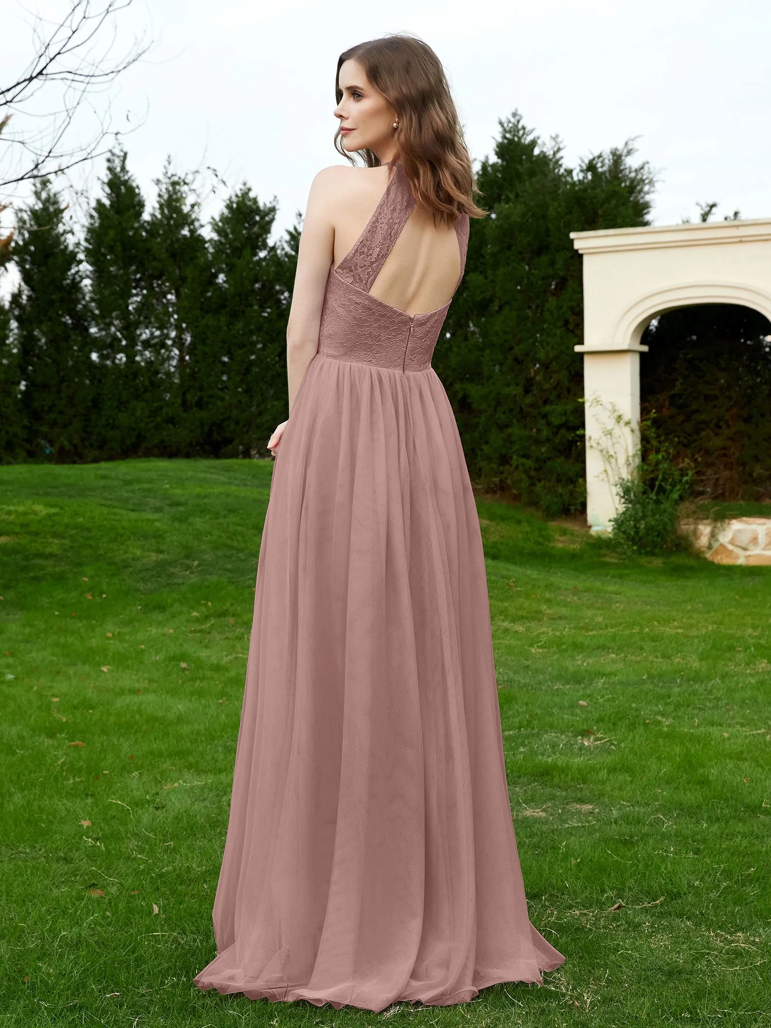 Lace Tulle Bridesmaid Gown Halter Neckline Vintage Mauve Plus Size