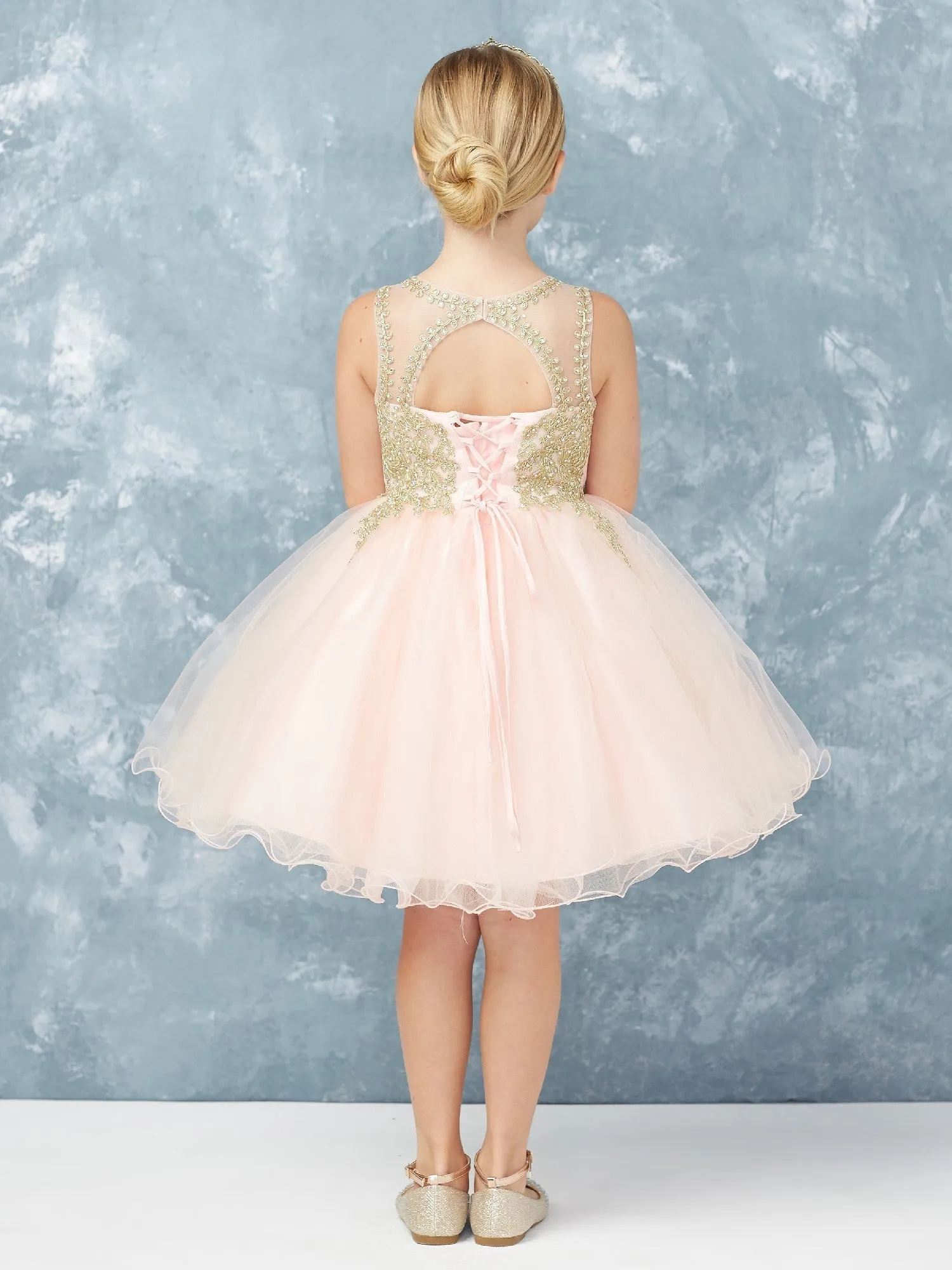 Little Girls Blush Gold Lace Tulle Short Pageant Easter Dress 2-6