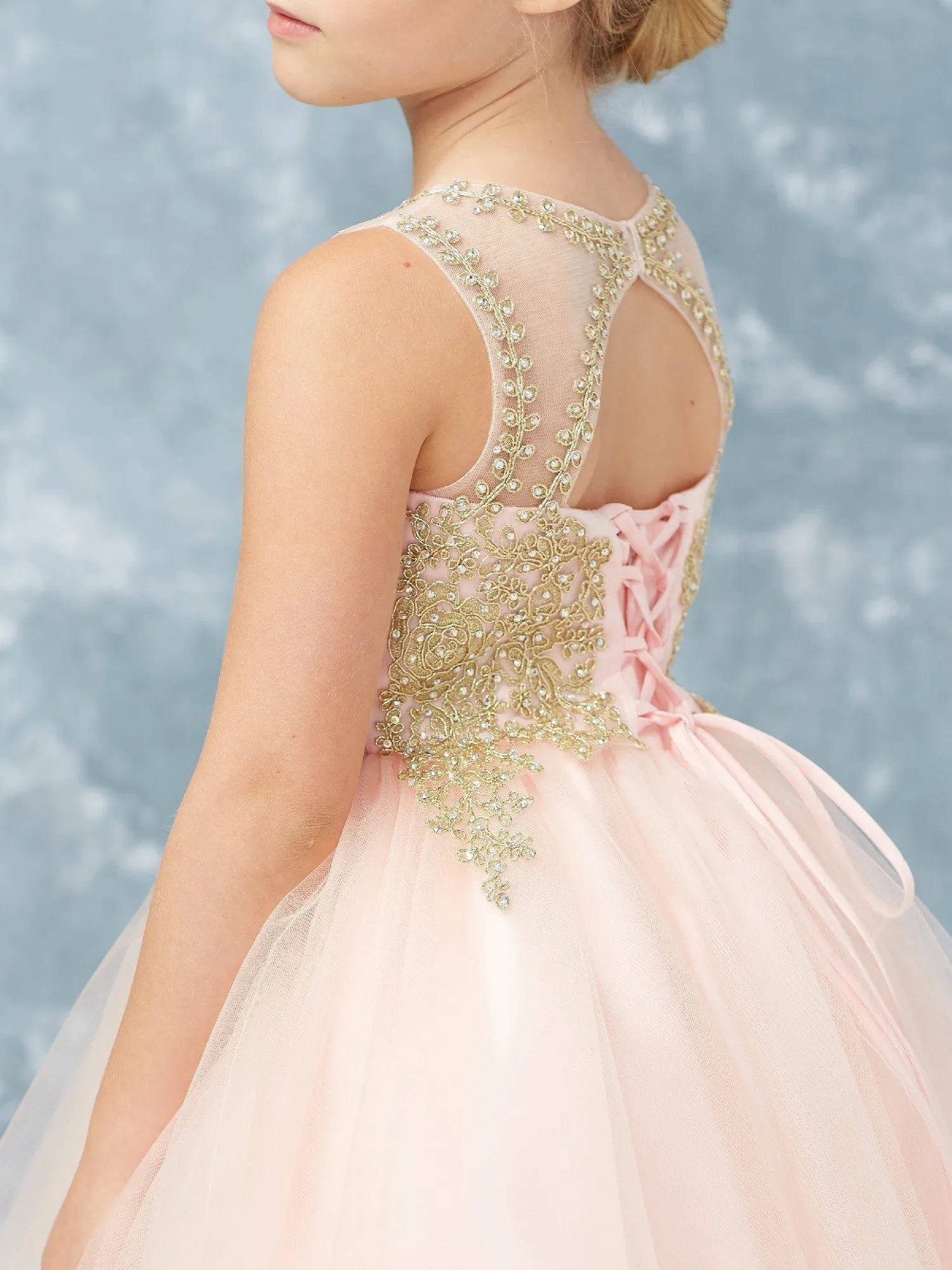 Little Girls Blush Gold Lace Tulle Short Pageant Easter Dress 2-6