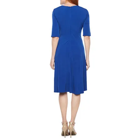 London Times Crew Neck Crossed Front 3/4 Sleeve Zipper Back Fit & Flare ITY Dress