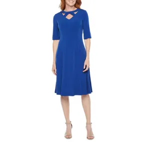 London Times Crew Neck Crossed Front 3/4 Sleeve Zipper Back Fit & Flare ITY Dress