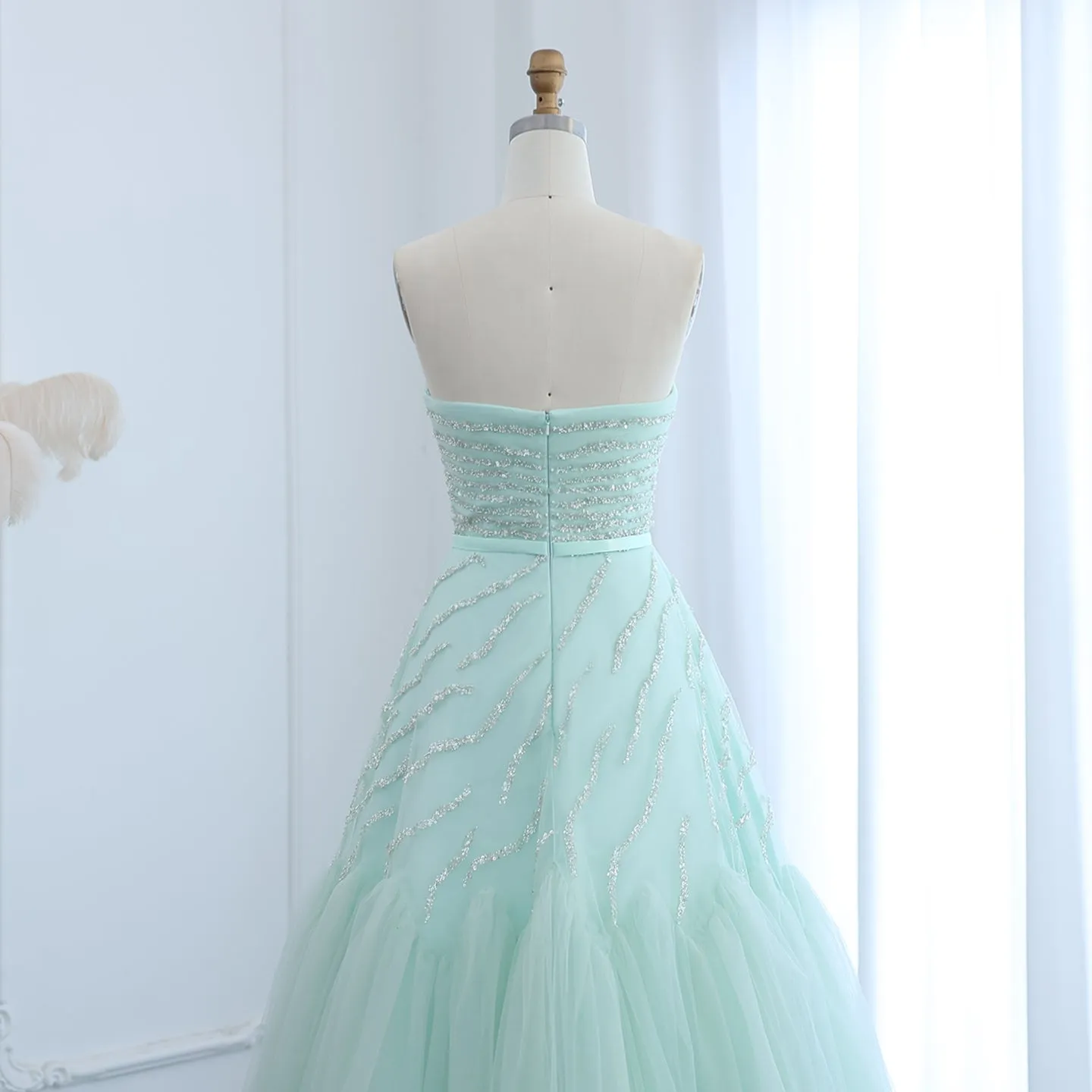 Luxury Beaded Strapless Sage Green Evening Dress SS483