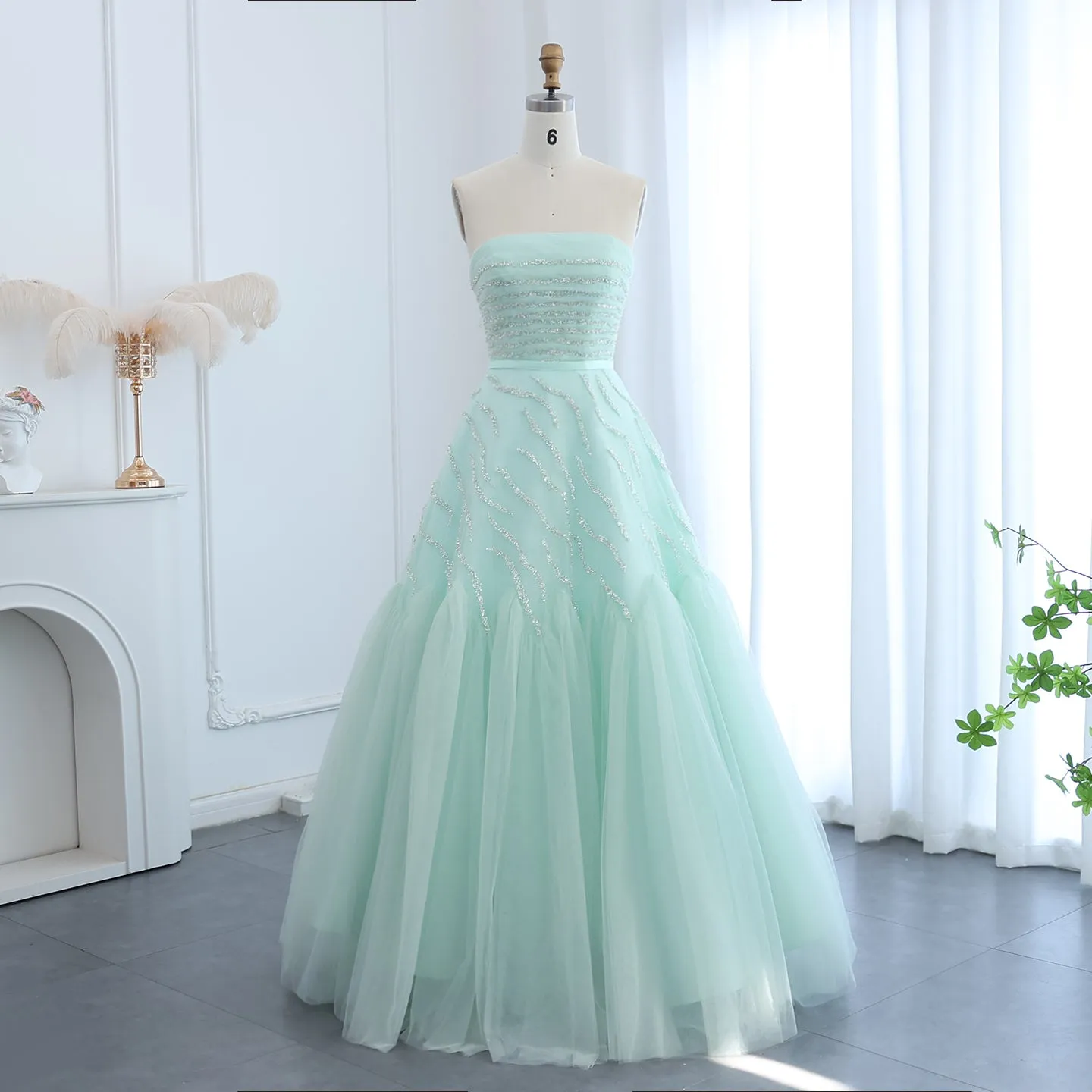 Luxury Beaded Strapless Sage Green Evening Dress SS483