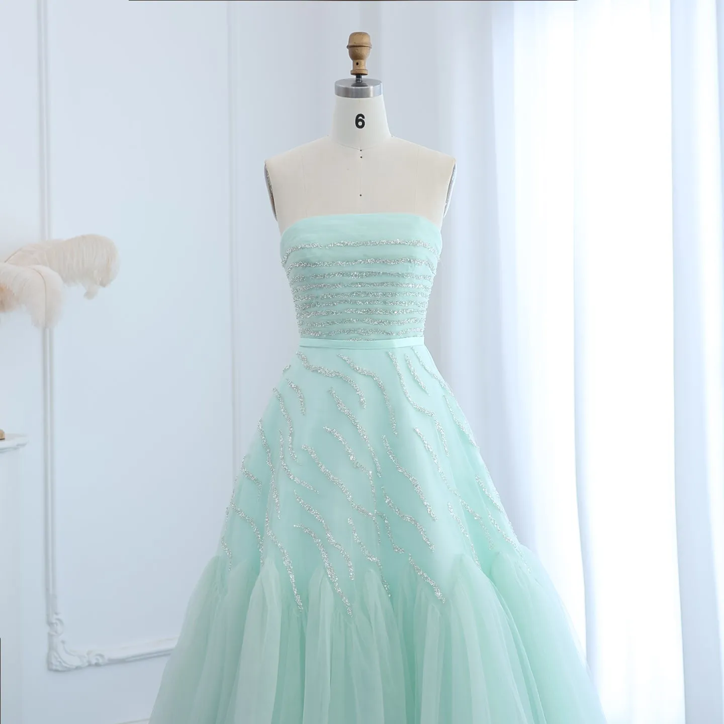 Luxury Beaded Strapless Sage Green Evening Dress SS483