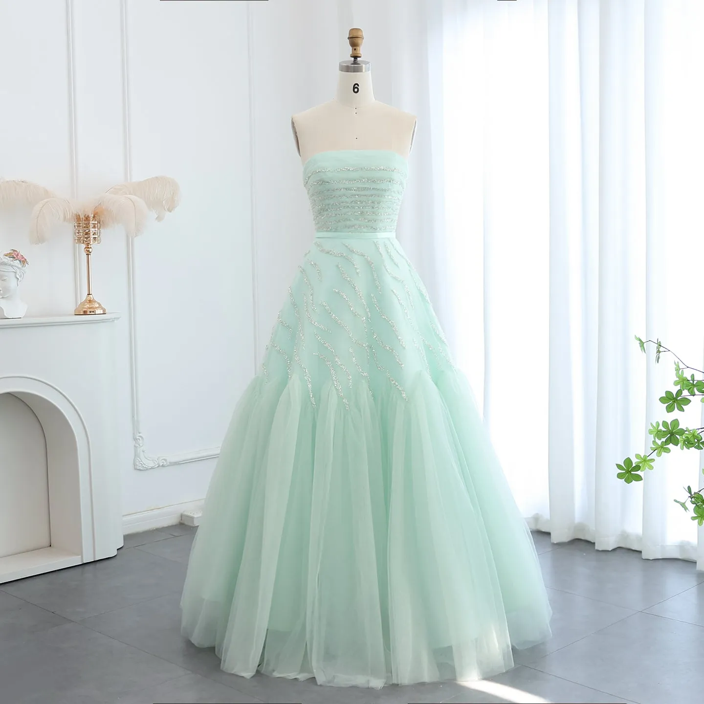 Luxury Beaded Strapless Sage Green Evening Dress SS483
