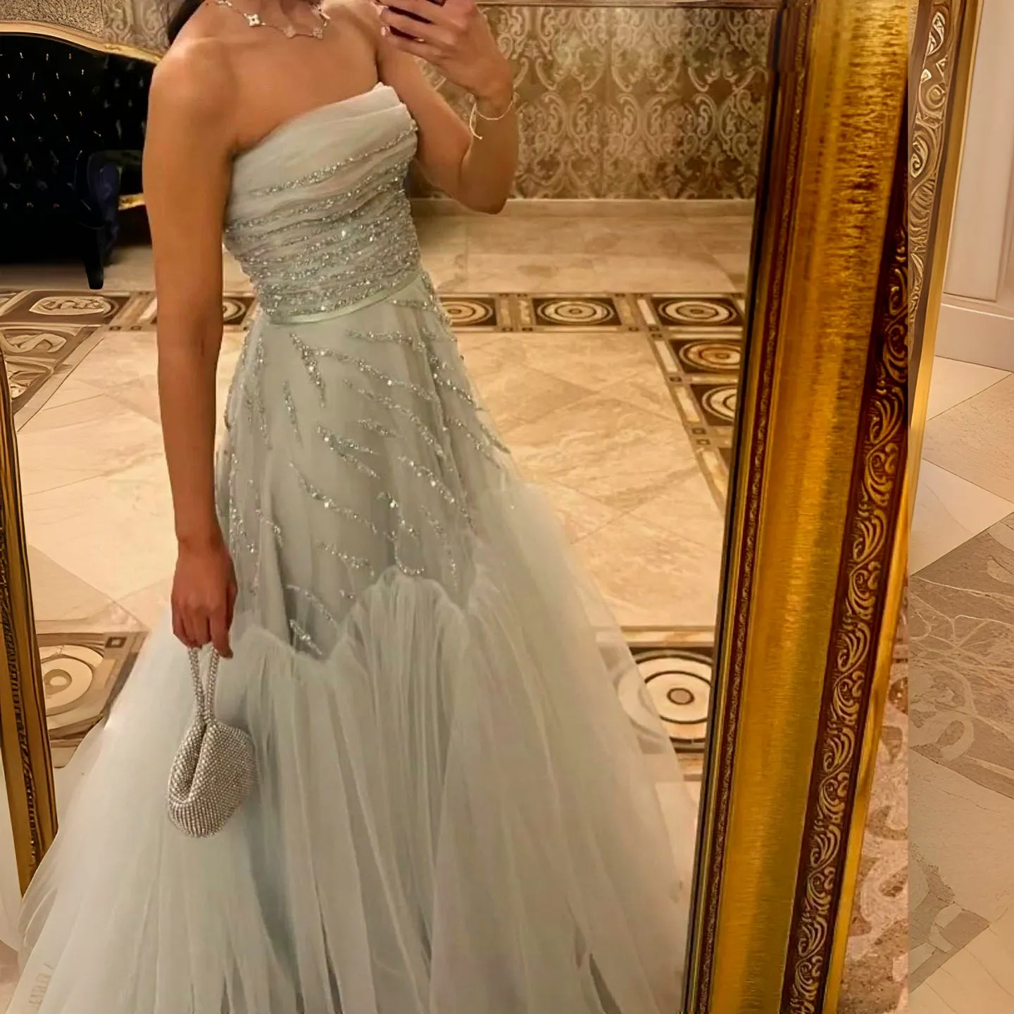 Luxury Beaded Strapless Sage Green Evening Dress SS483