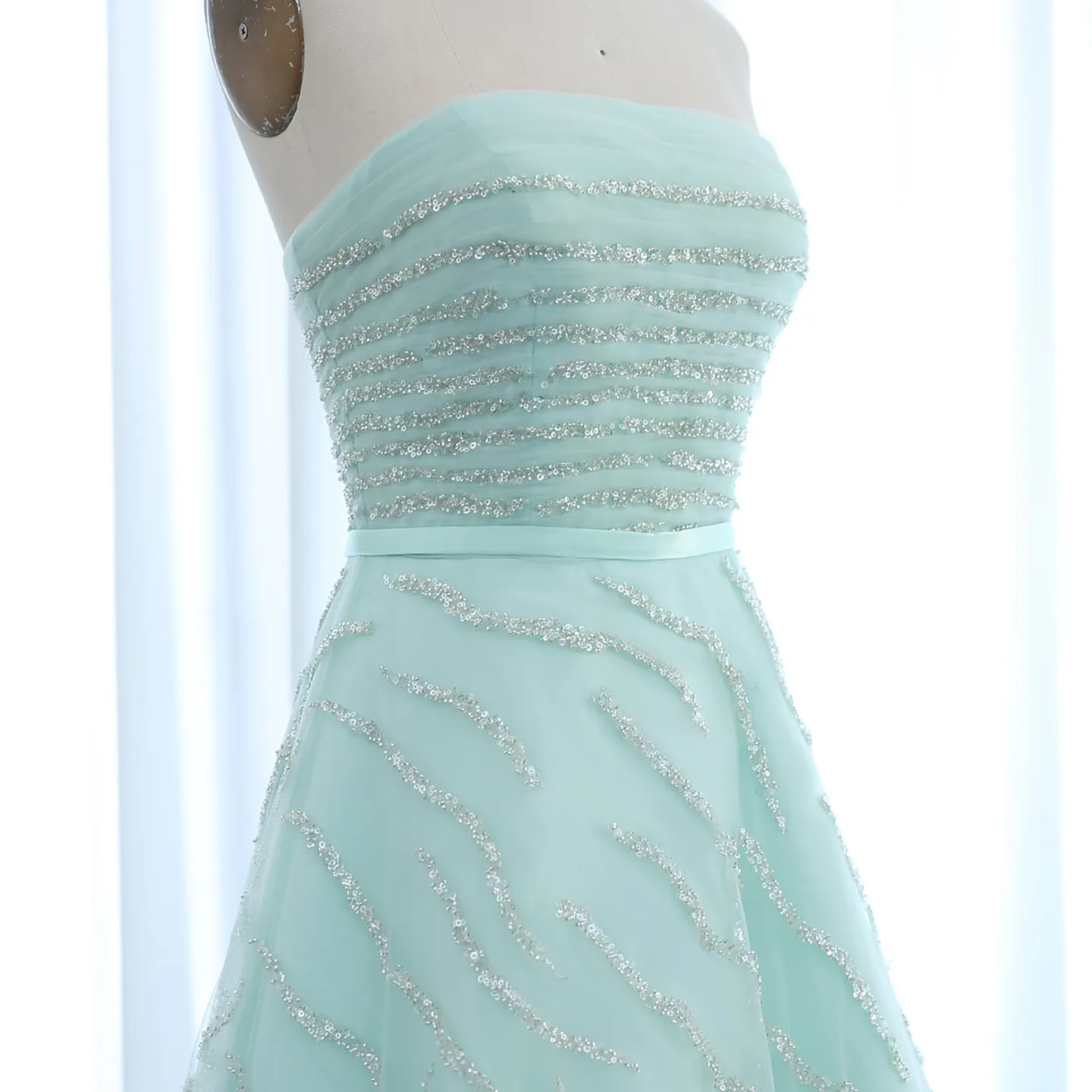 Luxury Beaded Strapless Sage Green Evening Dress SS483