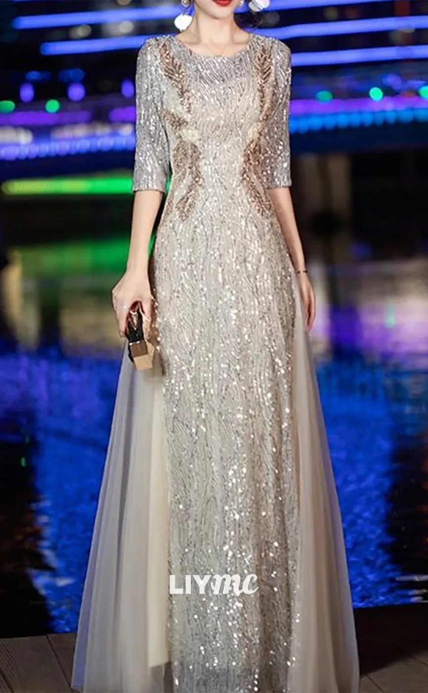 M1012 - Sheath Mother of the Bride Dress Sparkle Scoop Neck Floor Length Tulle Sequined Half Sleeve