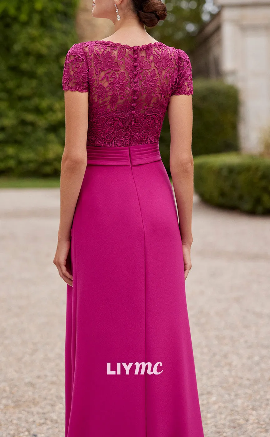 M1227 - Scoop Short Sleeves Appliques Floral Embellished Pleated A-Line Mother of Bride Dress Cocktail Dress