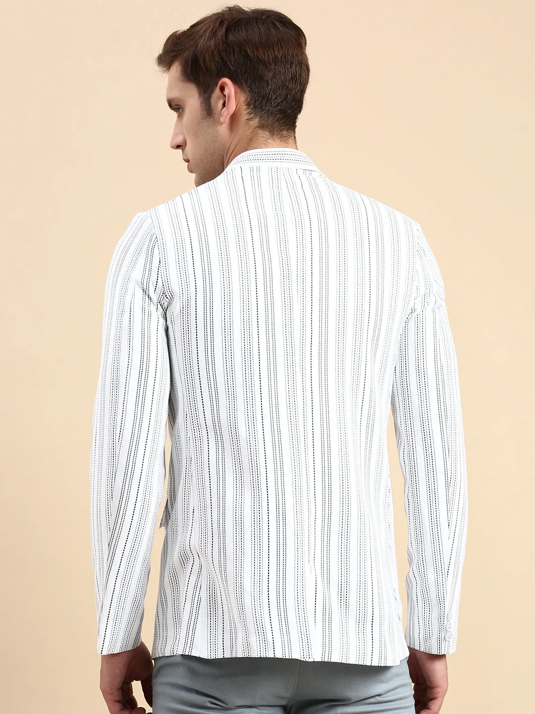 Men White Striped Party Blazer