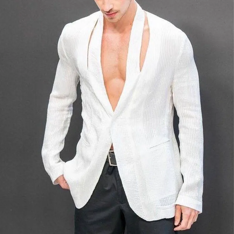 Men's Fashion Casual V-neck Slim Fit Textured Fabric Blazer 41527021K