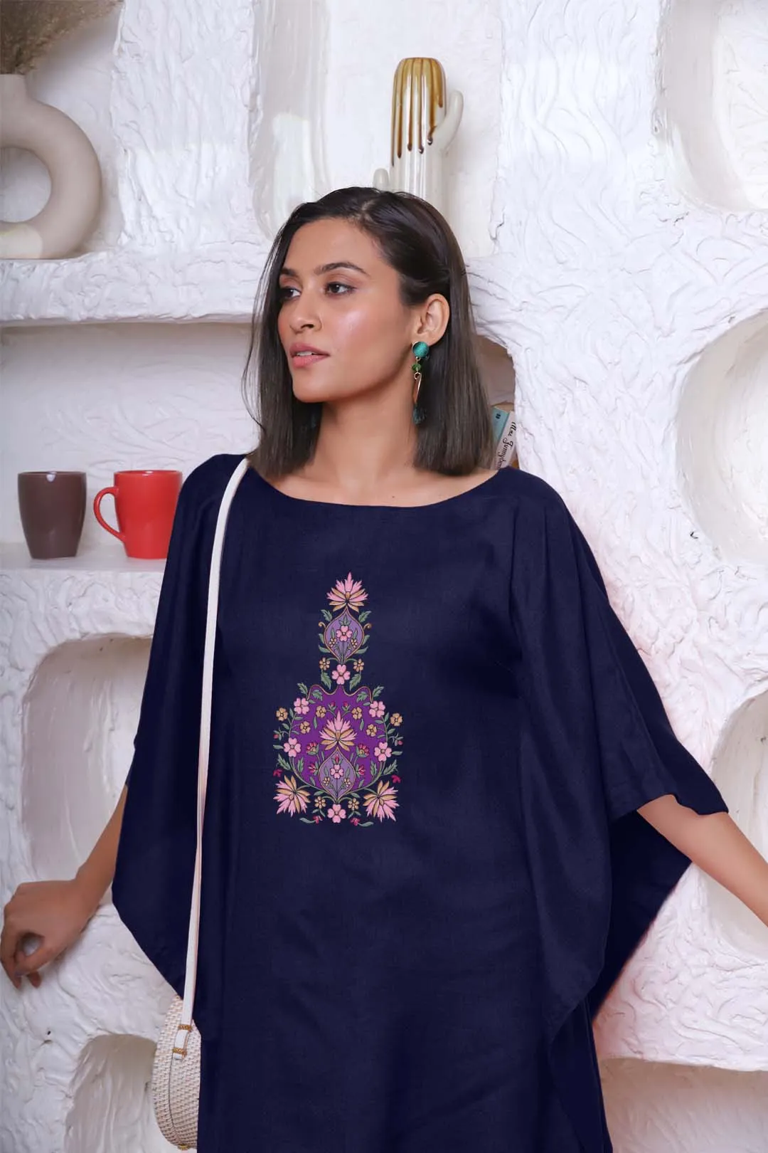 Navy Rayon Kaftan - Ancient motif