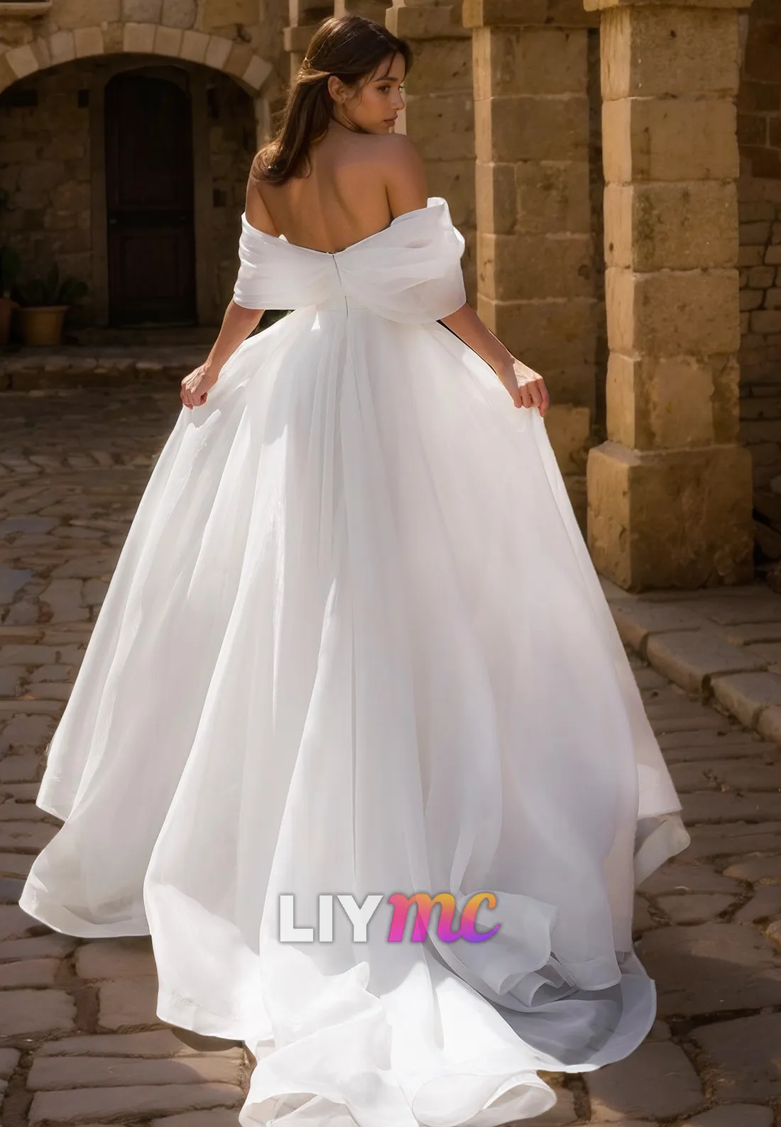 Off-Shoulder Strapless Tulle HIgh Slit Ball Gown A-LIne Wedding Dress