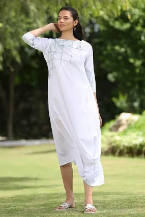 Okhai 'White Peacock' Hand Embroidered Pure Cotton Dress