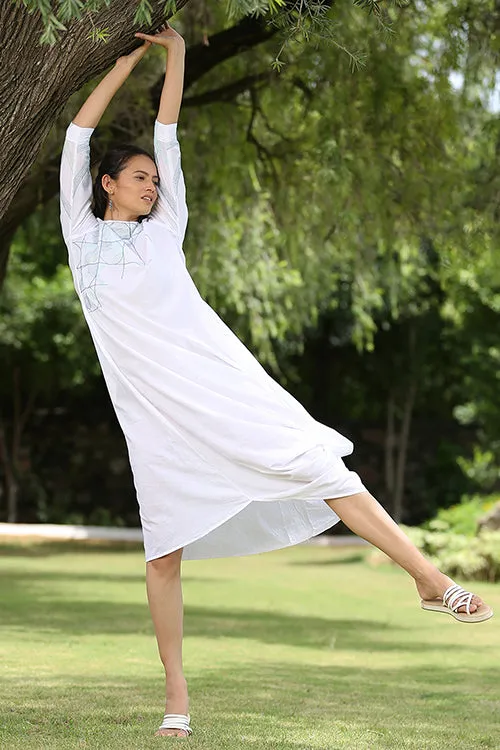 Okhai 'White Peacock' Hand Embroidered Pure Cotton Dress