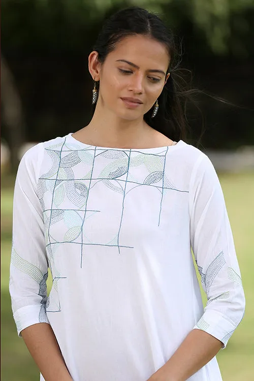 Okhai 'White Peacock' Hand Embroidered Pure Cotton Dress