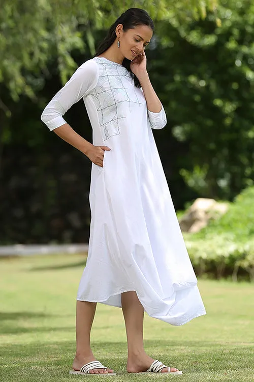 Okhai 'White Peacock' Hand Embroidered Pure Cotton Dress