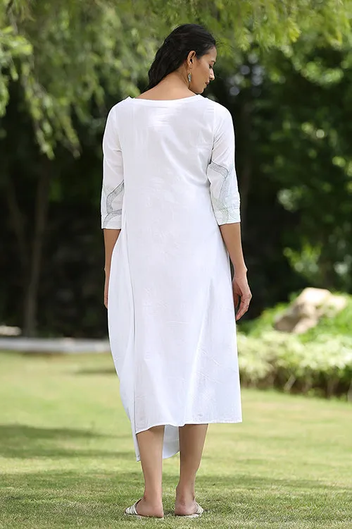 Okhai 'White Peacock' Hand Embroidered Pure Cotton Dress