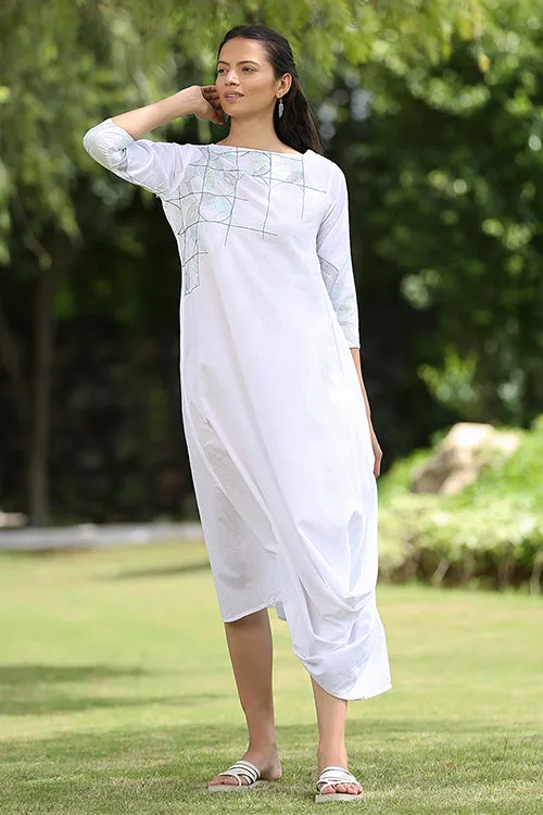 Okhai 'White Peacock' Hand Embroidered Pure Cotton Dress