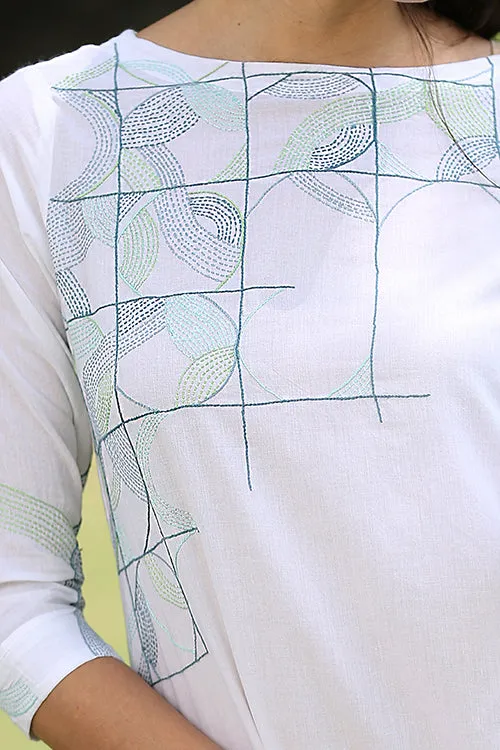 Okhai 'White Peacock' Hand Embroidered Pure Cotton Dress