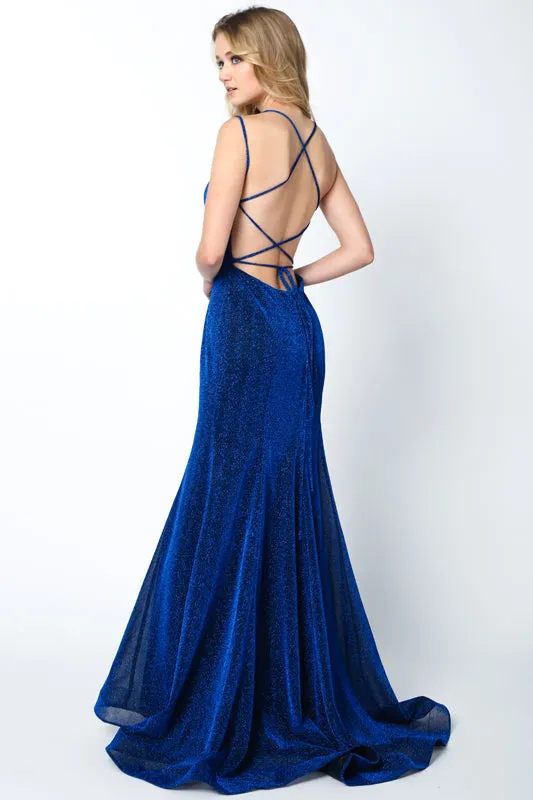 Open-Back V-Neck Long Prom Dress, Fitted