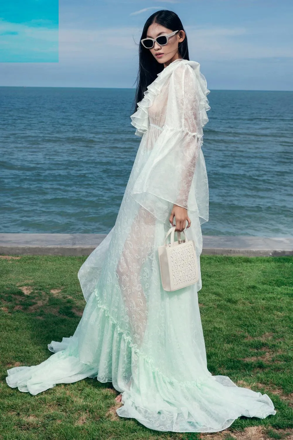 Penelope A-line V-Neck Organza Voile Floor Length Dress