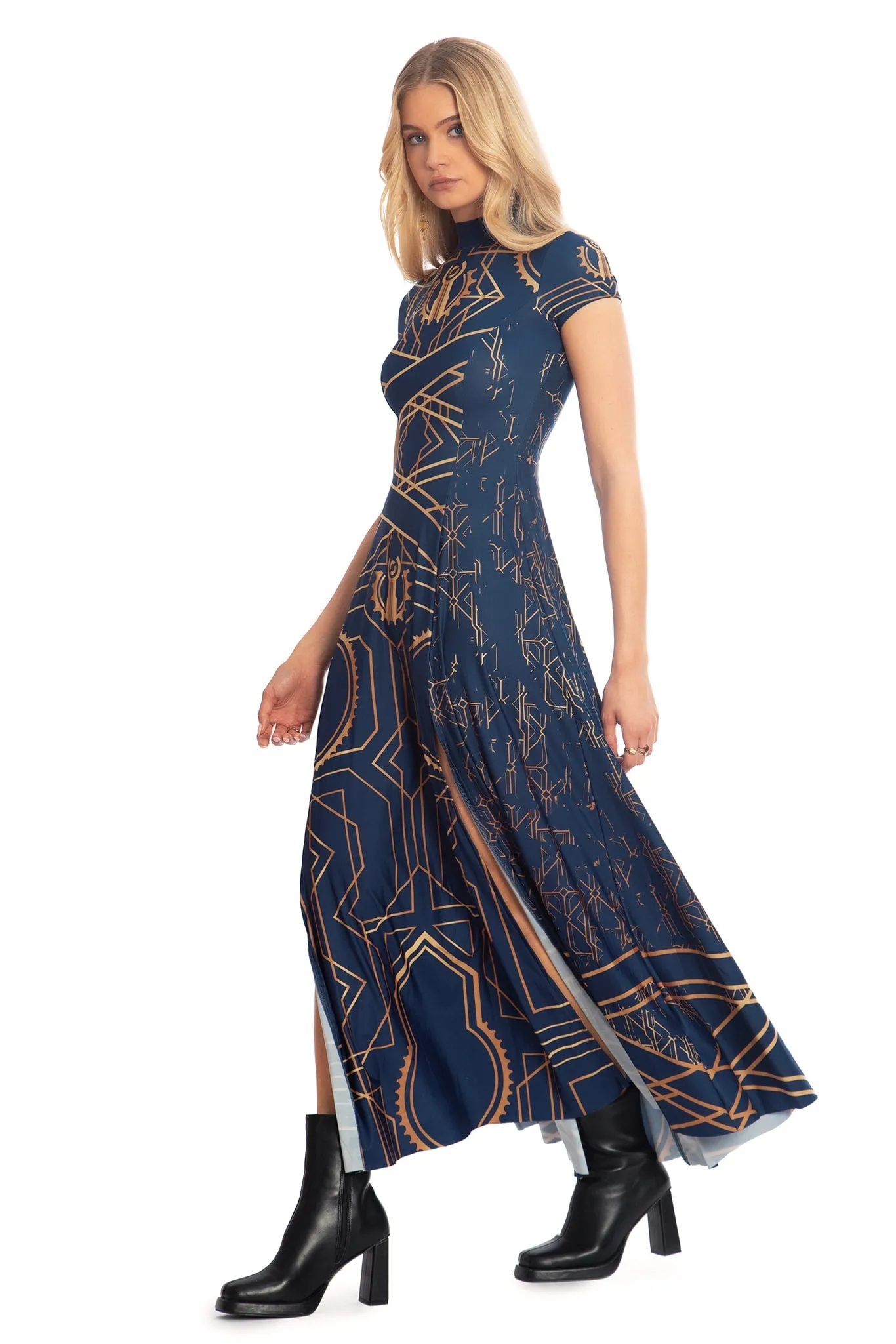 Piltover High Neck Cap Sleeve Split Maxi Dress