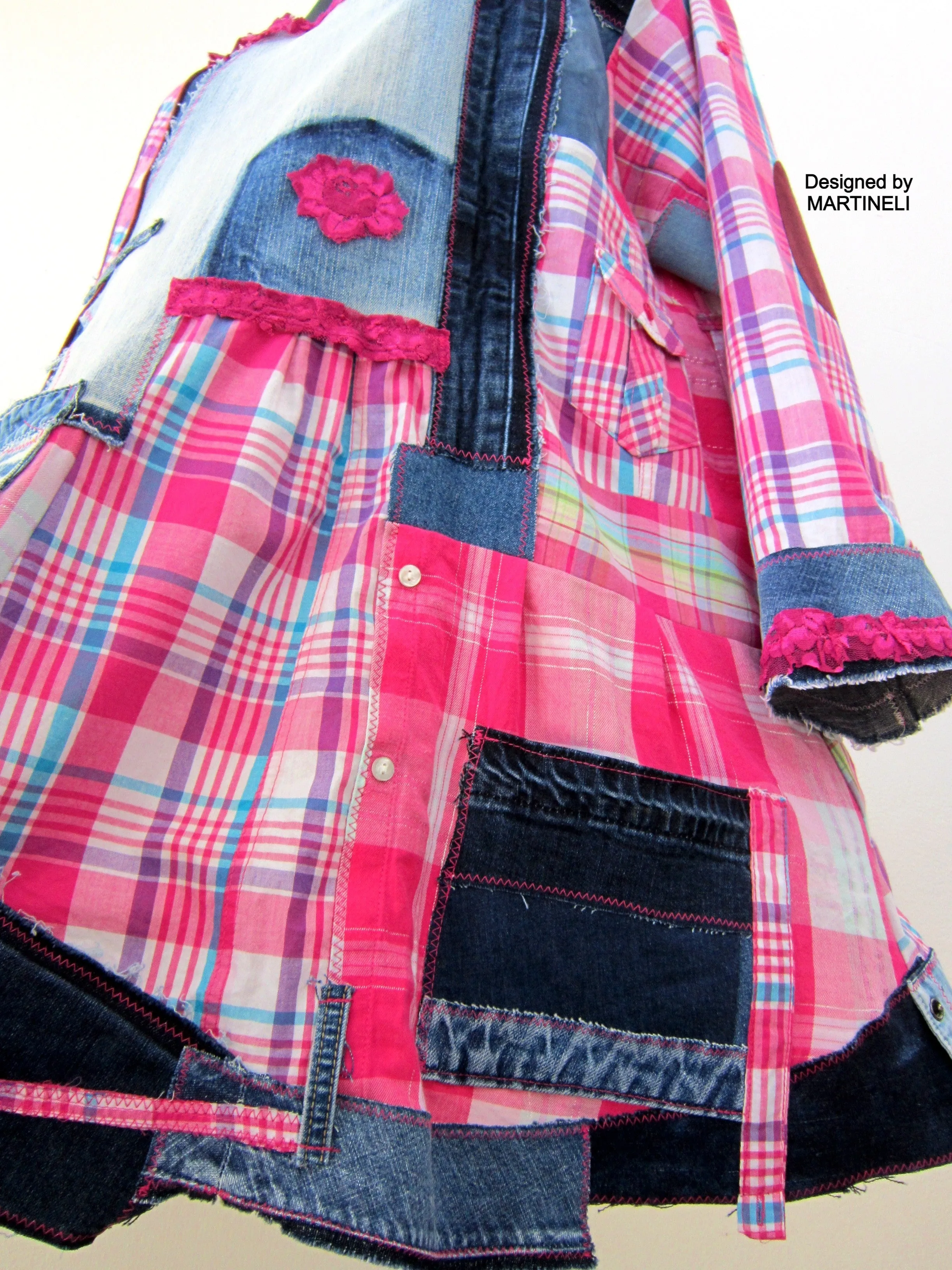 Plus Size Dress for Women,2X Upcycled Denim Shirt Dress,Pink Cotton Tunic Top